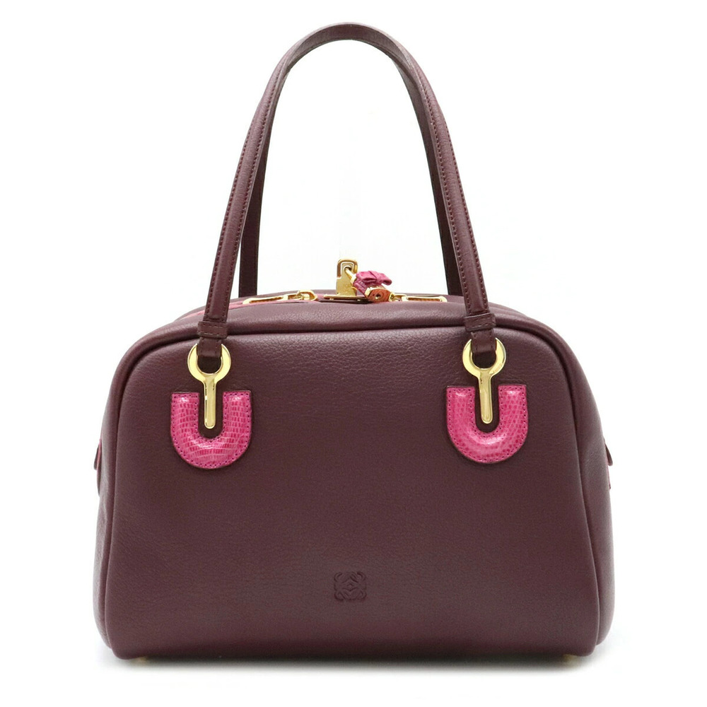 Loewe Beret Handbag Boston Bag Leather Ostrich Lizard Purple Pink